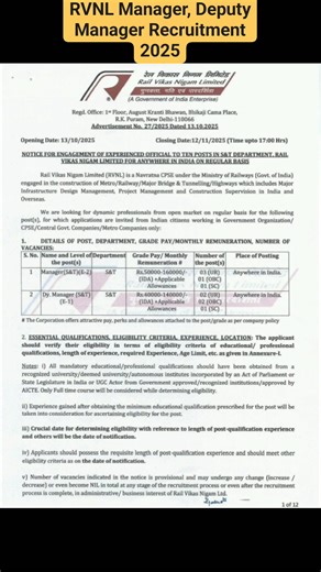 68K views · 247 reactions | RVNL Manager, Deputy Manager Recruitment 2025 #manager | Government Jobs | Facebook