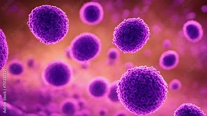 Viruses and leukocytes on a blur background under a microscope, Virus Cells flowing concept. Close-up of dissolving virus under microscope, Microscopic view of floating influenza virus cells, cell bio