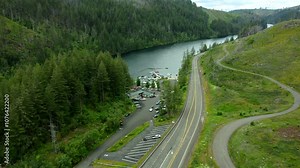 USA, OR, Estacada, Promontory Park, 2024-06-17 - Flying over the marina and Highway 224 at the Clackamas River North Fork Reservoir