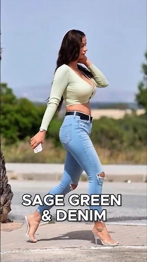 Model Off-Duty Aesthetic 🟢 Sage Green Crop Top & Ripped Jeans Outfit Ideas
