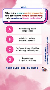What is the primary nursing intervention for a patient with multiple sclerosis (MS) who experiences bladder dysfunction? * * * * * * * * #nurses #doctors #nursing #medical #nurseexam #NCLEX #nclexreview #nclexrn #registerednurse #medicaldoctor #medicine #studentlife #exam #exampreparation #nclexprep #nursingstudent #medicalstudent #RN #NMC #NGN #PNLE #NLE #USRN #RN #rnlife #nursinglife #fbreels #fypシ゚ @highlight @followers @everyone | Nursing Reference Cards