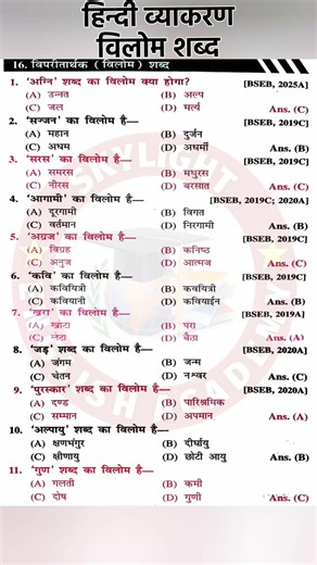 Vilom Shabd Objective Questions Class 12 Hindi Grammar | #shorts #hindigrammar #vilomshabd #class12