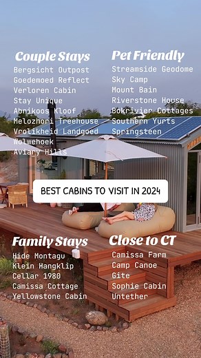 🗓️ Save this post for your next cabin getaway⛰️🌿 BEST CABINS TO VISIT IN 2024: WESTERN CAPE👇 ❤️COUPLE STAYS (sleeps 2) •Bergsicht’s Outpost Cabin, Tulbagh, R2300 •Goedemoed Reflect, Montagu, R2300 •Huizen Living’s Verloren Cabin, Karoo, R3000 •Stay Unique, Robertson and Rawsonville, R3000 •Abrikoos Kloof, Montagu, R4430 •Melozhori Treehouse, Bonnievale, R6500 •Vrolikheid Landgoed Cape Robin Cabin, Tulbagh, R2300 •Wolwehoek, Montagu, R3300 •Aviary Hills, Heidelberg, R2500 👨‍👩‍👧‍👦 FAMILY/FR