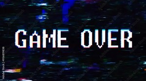 Retro glitch game over screen with pixelated text and static effects, 4k video