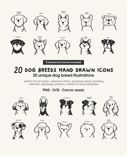 20 Dog Breeds Line Art Icons | Hand Drawn Dog Clipart Bundle (SVG PNG) - Etsy