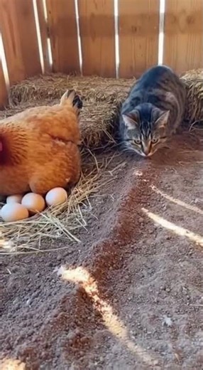 The hen stayed calm… the cat sensed danger母雞很冷靜…但貓已經警覺了 #motherhen #catreaction #shorts #aivideo