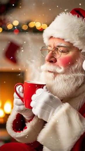 Santa blowing on hot cocoa and making a funny “ooo” face