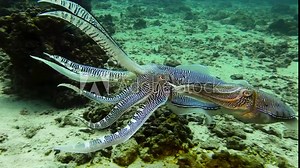 Courtship behavior of Pharaoh cuttlefish. Male and female move side by side over seabed showing vivid zebra-like colors. Lager male raises arms and performs wave-like movements with its fin fringe.