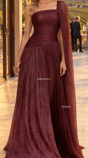 Burgundy One Shoulder Cape Maxi Dress | Fall Wedding Guest Gown