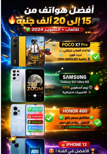 اخيرا هواتف من 15 الف الي 20 الف للألعاب و التصوير 🔥تشتري مين تحت 20000 جينة 👌#iphone13 #samsungs21ultra #honor400 #pocox7pro #هواتف