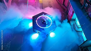 Octagonal device emits colorful fog in neon-lit alley. Haze expands, interacting with vibrating translucent sheets. Futuristic ambiance with pulsating lights and mysterious atmosphere.