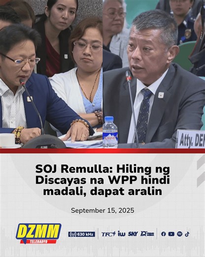 1.1K views · 11 reactions | Iginiit ni Justice Secretary Jesus Crispin Remulla na hindi agad naibibigay ang proteksyon na Witness Protection Program (WPP) sa mag-asawang Discaya. Dapat umanong dumaan sa masusing pagsusuri ang hiling at alinsunod sa proseso ng DOJ. Follow na sa DZMM Teleradyo Facebook page para sa balitang kumpirmado at serbisyong sigurado. | DZMM Teleradyo | Facebook