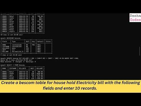 12th Board Computer Science SQL Program | Household Electricity Bill Table