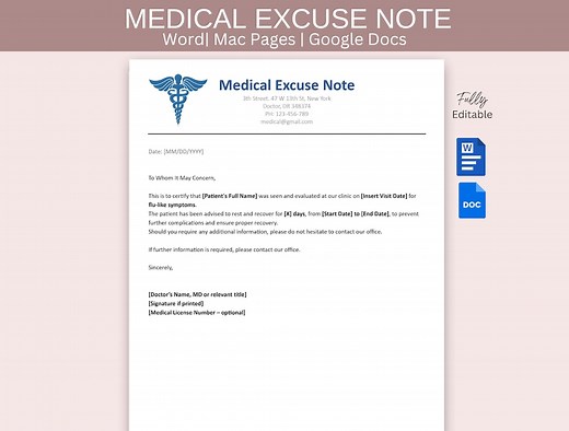 Medical Excuse Note Template for Work or School | Doctor Note for Sick Leave | Editable in Word, Google Docs & Canva | Instant Download - Etsy
