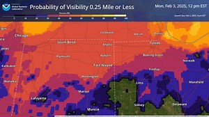 27K views · 64 reactions | Heads up for the Monday morning commute! Widespread dense fog is possible overnight and into the day on Monday. This animation shows probabilities of visibility 0.25 mile or less from 12 AM EST to 5 PM EST Monday. Should dense fog develop, slow down, don't use your high beams, and leave extra space between you and other vehicles. | US National Weather Service Northern Indiana | Facebook