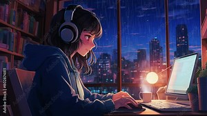 Anime girl working on computer while listening to music with rainy city background at night