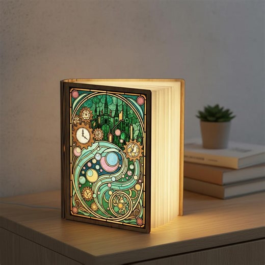 Steampunk Book Lamp, Fantasy Clockwork Castle Scene, Stained Glass Style Book Light, LED Foldable Book Lamp, Magical Time Night Light - Etsy