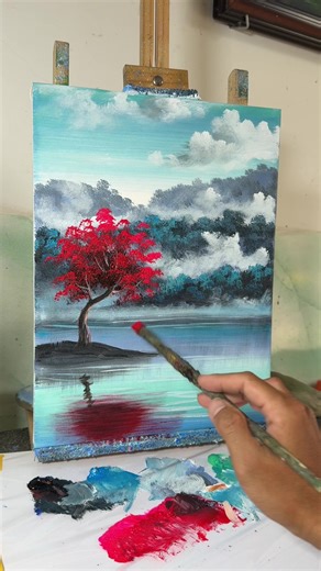 Easy Red Tree Reflection Painting Tutorial