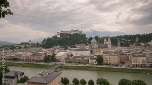 Time-lapse of Salzburg, Austria. Shot from across the river to Hohensalzburg Fortress. Fast moving clouds.