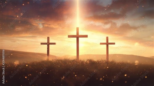Three crosses stand silhouetted against a radiant sunset. The sun's light bathes the scene in a warm, spiritual glow. ..Created with Generative AI, not depicting real subjects.