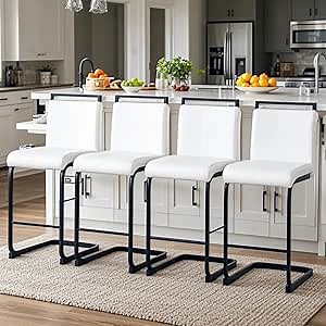 Counter Height Bar Stools Set of 4,25" PU Leather Bar Stools with Back,Counter High Chairs with Black Painted Metal Legs,White Bar Stool of 4 for Kitchen Island,Bar Counter (White,25" H)