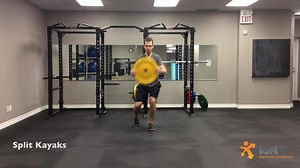 // Thoracic Mobility with Plate // > Try this: Split Kayaks (For those of you 4Q-ing everything, this drill sits in the LMT quadrant) Benefits -Improves whole body rhythm and timing -Enhances thoracic mobility -Increases positional upper body strength Error detection -Ensure thoracic rotation with a tall spine -Avoid excessive lumbar extension -Avoid elevated shoulders General Movement Prescription -Perform for 30 seconds on each side at a controlled tempo with medium-heavy load for 2-4 sets We'