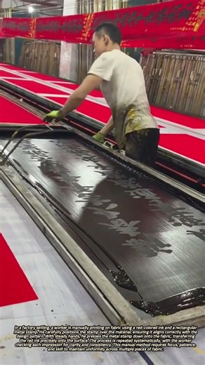 Worker Manually Printing Red Ink Designs on Fabric with Rectangular Metal Stamp in Factory