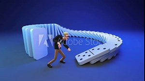 3d animation of a man pushing dominoes. Idea concept.