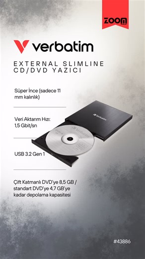 Verbatim Türkiye on Instagram: "USB-C bağlantılı Verbatim External Slimline CD/DVD Yazıcı, kompakt yapısı ve harici güç gerektirmeyen tasarımıyla notebook ve ultrabooklar için pratik bir çözüm sunar. Yazılım kurulumundan veri yedeklemeye kadar günlük ihtiyaçlarınızı kolayca karşılar. #Verbatim #CDDVDYazıcı #USBC #VeriArşivleme #Zoomİthalat"