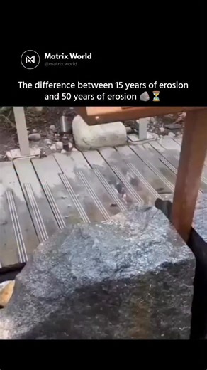 Matrix World on Instagram: "An educational installation at Capilano Suspension Bridge Park in North Vancouver, Canada, uses stone blocks beneath a flowing stream to visually explain how water erosion works over time. Each block is labeled to show different stages of wear—barely noticeable after 15 years and deeply smoothed and pitted after 50 years. The exhibit highlights how continuous water flow, sediment abrasion, and chemical dissolution in a wet rainforest climate can slowly reshape even so