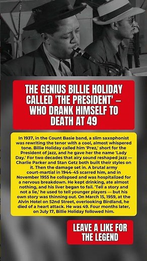 Billie Holiday's 'President of Jazz' Who Drank Himself to Death at 49 #LesterYoung