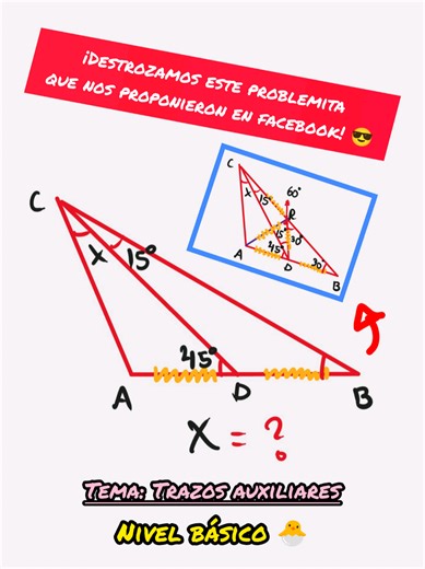 Nada difícil, ¿verdad? 👀 Hemos aplicado suma de ángulos internos que da el externo y nos dió en el triángulo CDB una relación de ángulos de 1 a 2, lo cual debería trazar una ceviana tal que este genere un triángulo isósceles, así formará otro y los lados congruentes (culebras amarillas) se replican aún más, gracias a esto, AD y DR son congruentes y como tienen una apertura de 60°, forma su equilátero, así denota que R es circuncentro del triángulo CAD debido a que CR=AR=RD, y mientras aplique s