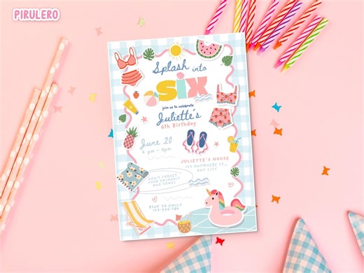 Splash Into Six Invitation, 6th Birthday Pool Party Invite Summer Splish Splash Girly Pool Party Editable Template Instant Download SI5261 - Etsy Australia