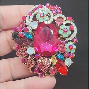 Floral Brooch Abstract Bouquet Pretty Pinks & Aqua Colors Rhinestone Faux Jewel