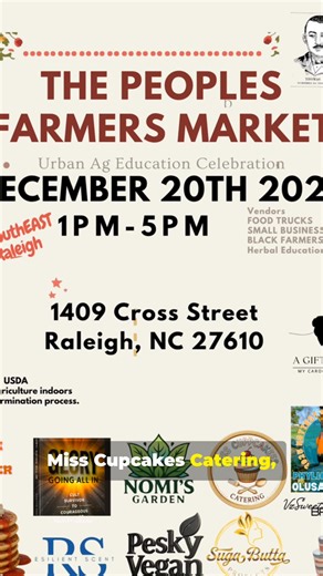 RALEIGH‼️ The People’s Farmers Market is going DOWN 🔥 📅 Dec 20th, 2025 | ⏰ 1PM–5PM 📍 1409 Cross Street, Raleigh, NC 27610 (SE Raleigh) ✅ Vendors: Buck N Batter • Glory: Going All In • Nomi’s Garden • Miss Cupcakes Catering • Olusanya Farm • Resilient Scent • Pesky Vegan • Suga Butta Products • V Sweets and Treats • Carolina Homestead Come shop holiday gifts treats fresh goods and support local small businesses & Black farmers. 👇 Comment “MARKET” and tag who you’re bringing! | Black Farmers H