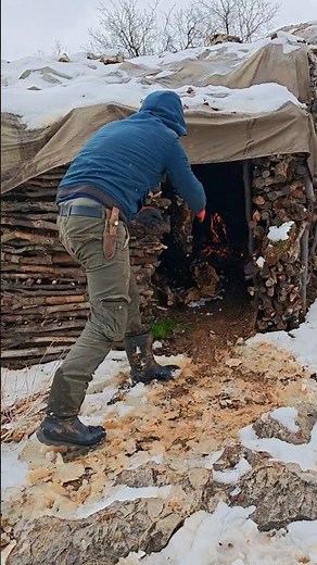 Building a Primitive Shelter in a Blizzard | Winter Bushcraft Survival Camp & ASMR