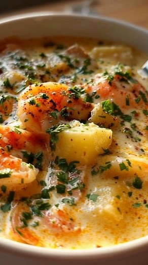 Creamy Shrimp & Potato Chowder Warm, velvety, and loaded with tender shrimp, creamy potatoes, and smoky beef—this comforting chowder delivers a taste of the sea in every spoonful. Perfect for chilly nights or cozy family dinners! RECIPE: 4 slices beef, chopped 1 lb large shrimp, peeled and deveined 2 tbsp unsalted butter 1 small onion, diced 2 cloves garlic, minced 2 stalks celery, diced 2 medium carrots, diced 3 cups russet potatoes, peeled and diced 3 cups seafood or chicken broth 1 cup heavy 