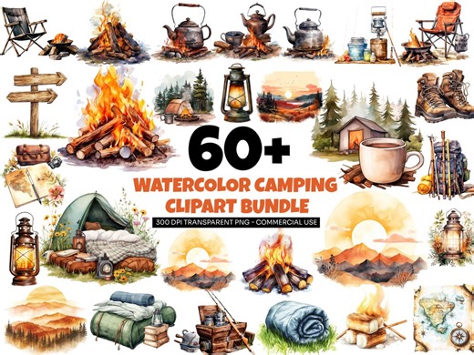 Watercolor Camping Clipart Bundle PNG, Adventure Camping Graphics, Campfire Lantern Tent Forest, Outdoor Hiking Sublimation, Traveling Png - Etsy
