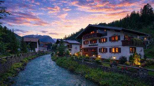 Lech Austria evening stroll in famous luxury ski town (4K)