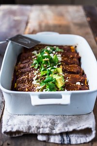 Roasted Butternut Squash Enchiladas with Mole Sauce with Black Beans and Mole Sauce