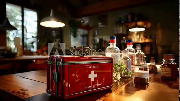 Doctor's red medical first aid kit for treating wounds and providing first emergency emergency aid during emergencies