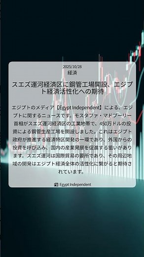 スエズ運河経済区に鋼管工場開設、エジプト経済活性化への期待｜Egypt Independent｜2025/10/28｜経済