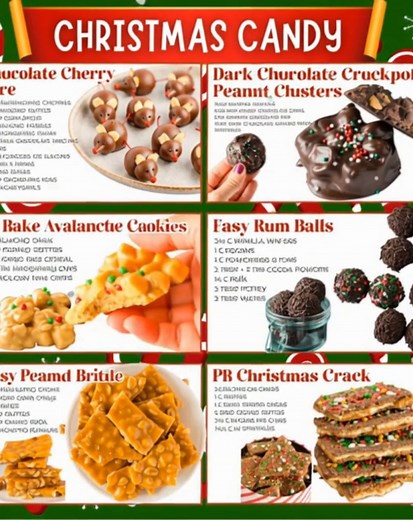 Christmas candies for your holiday baking 🎅🏼🍬 ✴️ Chocolate Cherry Mice ✴️ Crockpot Peanut Clusters ✴️ No Bake Avalanche Cookies ✴️ Easy Rum Balls ✴️ Vintage Peanut Brittle ✴️ Peanut Butter Saltine Toffee | Recipes by kamika