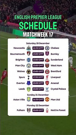 Premier League Schedule Matchweek 17 | Full Fixtures #epl #englishpremierleague #premierleague