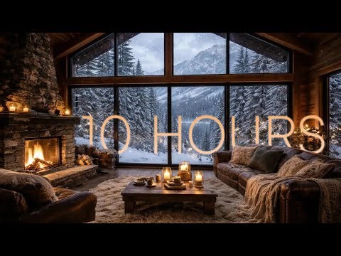 Cozy winter cabin ambience with a massive huge window and warming fireplace