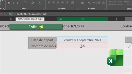 Calculer les derniers jours des mois avec Excel 📚 Le Livre Excel l'Intégrale : https://www.bonbache.fr/livres-excel-pdf.php#excel-int ✔ La source Excel : https://docs.google.com/spreadsheets/d/1yRYMqN6Pgfvflm25pUBBK2r156lwgm7p/edit?usp=sharing&ouid=115258297157405395083&rtpof=true&sd=true Cette vidéo montre comment utiliser la fonction Excel Fin.Mois pour calculer le dernier jour de chaque mois sur une période définie, en la combinant avec la fonction Sequence. Dans le classeur à télécharger, l