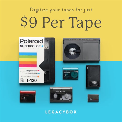 Your memories are meant to be relived, not chewed up by the VCR! ⭐️ Convert your tapes to digital so you can take them anywhere... safely! Send us your home movies and film with the all-in-one digitizing kit for just $9 a tape with this exclusive offer! We'll take care of the rest, digitizing your memories so you can relive them for generations to come. ✨📼 | Legacybox