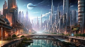 Futuristic City With River, An Impressive Urban Landscape Embracing Nature, Highly detailed rendering of a modern cityscape featuring buildings and skyscrapers, AI Generated