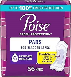 Poise Incontinence Pads and Postpartum Incontinence Pads, 6 Drop Ultimate Absorbency, Regular Length, 56 Count (Pack of 2), Packaging May Vary