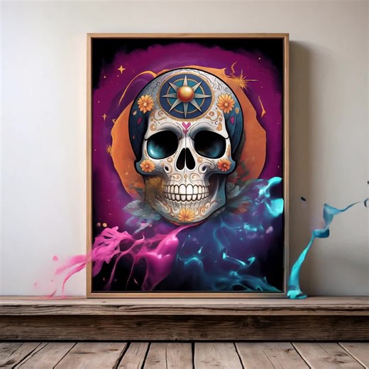 Calavera Skull Wall Art - Colorful Day of the Dead Design - Etsy